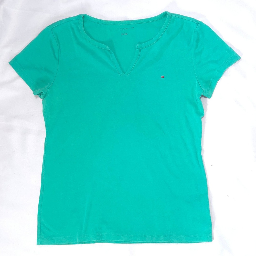Tommy Hilfiger Split Neck Short Sleeve Tee Womens L Kelly Green T-Shirt Basic